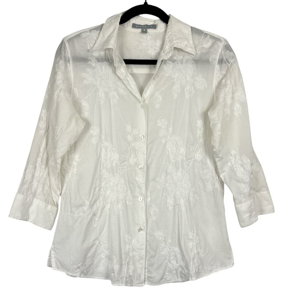 Foxcroft Embroidered Button-Up Top Women’s Size 6 White Semi-Sheer Floral Shirt